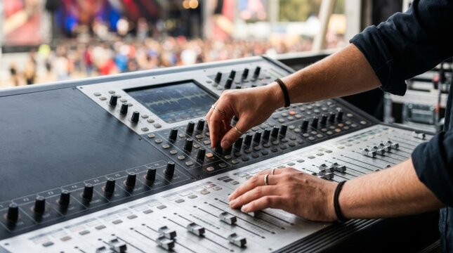 Sound engineer operating a professional audio mixing console backstage at a music festival, adjusting faders and knobs during a live performance.