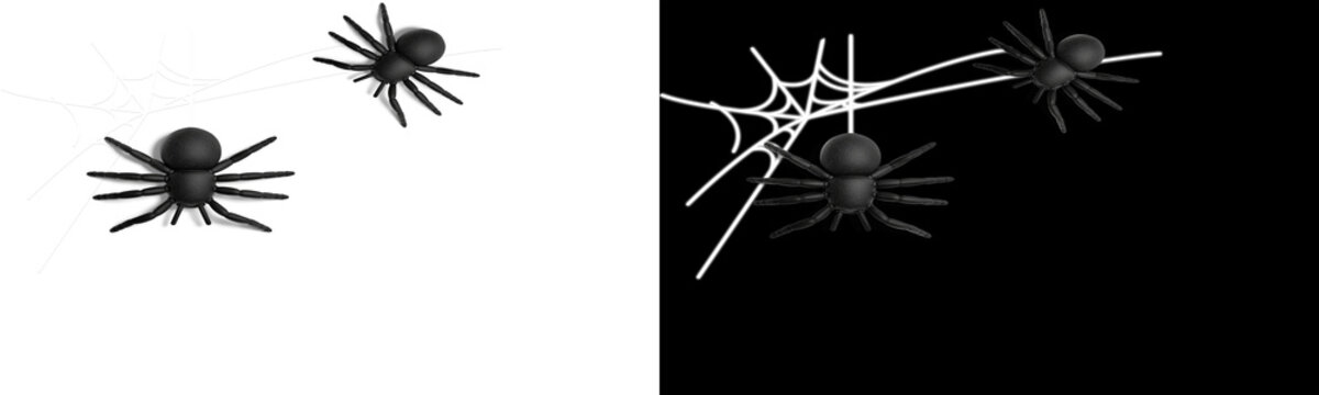 small toy spider hanging on spider web for halloween decoration and party design display element craft