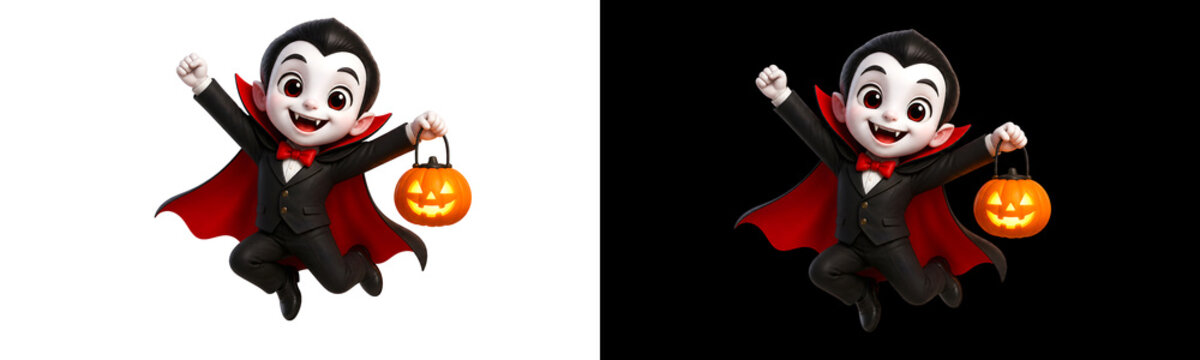 cute vampire boy character jumping while holding glowing pumpkin candy bucket in cape outfit render