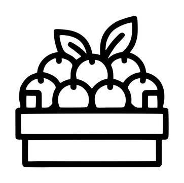 Simple minimalist hand-drawn vector icon illustration of a rustic wooden crate overflowing with fresh cranberries and green leaves, flat line art on white background, organic farm harvest concept