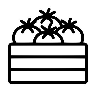 Crate of Fresh Tomatoes Hand-Drawn Vector Icon Line Art Wooden Box with Ripe Red Tomatoes Produce Market Illustration Simple Minimalist Design - professional high detailed commercial stock imagery