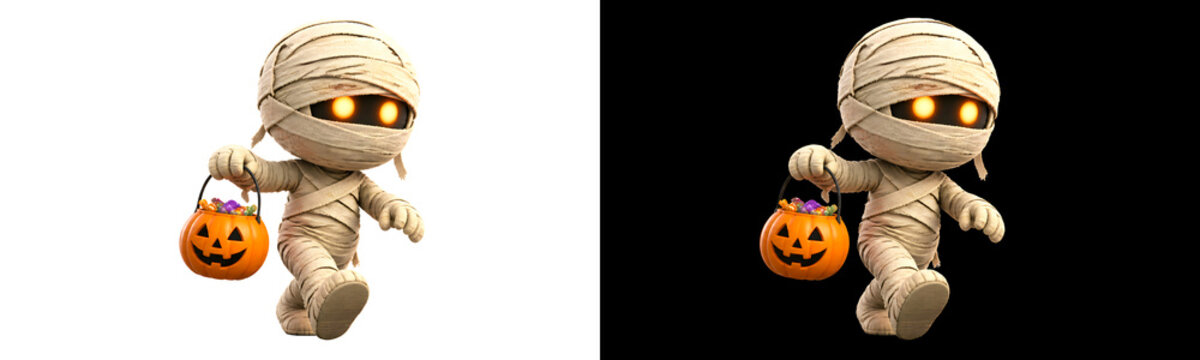 cute mummy character walking with glowing eyes holding pumpkin candy bucket for halloween trick treat design