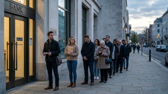 Diverse group of people queuing outside a closed bank at dawn, illustrating financial uncertainty and systemic distrust.