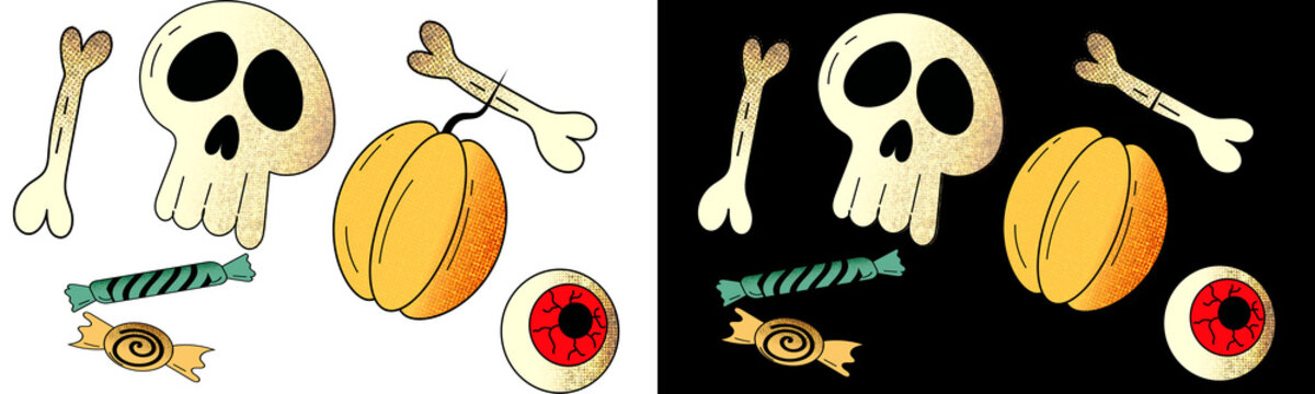 Halloween sticker set includes skull bones striped candy pumpkin and bloodshot eyeball clipart on dual backgrounds