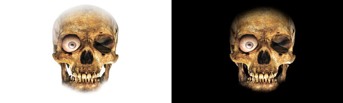 Human skull with single glowing eyeball stares forward isolated on white and transparent black background pair