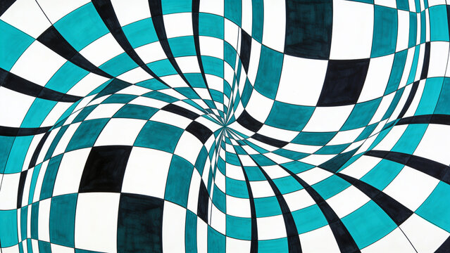 An abstract optical illusion featuring a black, white, and turquoise checkerboard pattern that appears to warp and twist towards the center, creating a disorienting and dynamic visual effect