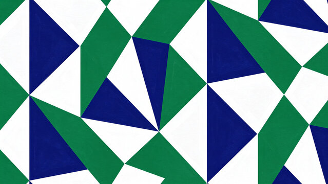 A seamless pattern of geometric shapes in blue, green, and white. The abstract design features interlocking triangles and irregular polygons creating a dynamic and modern look