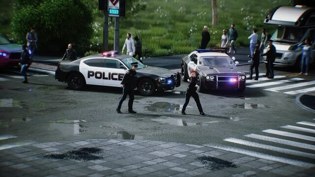 Police Officers funny Dancing on City Street Near Patrol Car. Realistic 4k animation
