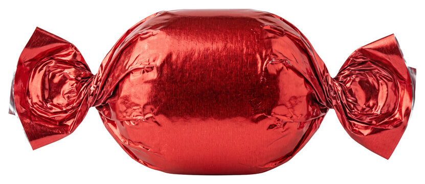 Red twist wrapped hard candy with reflective wrapper