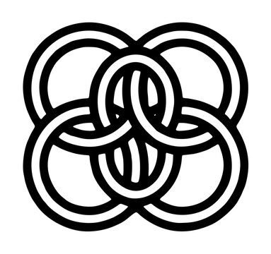 Hand-drawn vector illustration of interlocking chain maille rings forming an intricate Celtic-inspired geometric knot pattern, black and white medieval jewelry weave design icon for crafts and