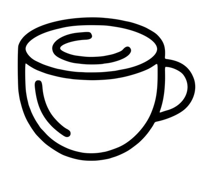 Minimalist chai latte cup icon, hand-drawn black and white line art illustration of a hot beverage mug with handle, simple vector graphic for coffee shop branding and menu design