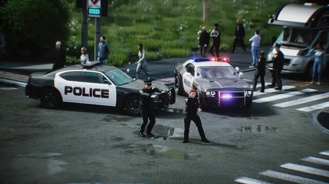 Police Officers funny Dancing on City Street Near Patrol Car. Realistic 4k animation