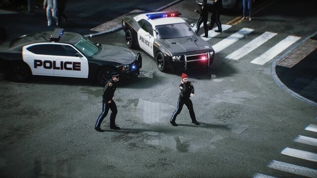Police Officers funny Dancing on City Street Near Patrol Car. Realistic 4k animation