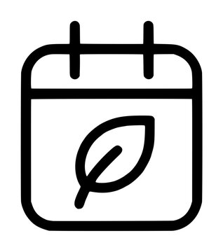 Hand-traced vector icon of a minimalist calendar page featuring a single leaf, symbolizing sustainable planning and eco-friendly scheduling, black and white line art illustration design