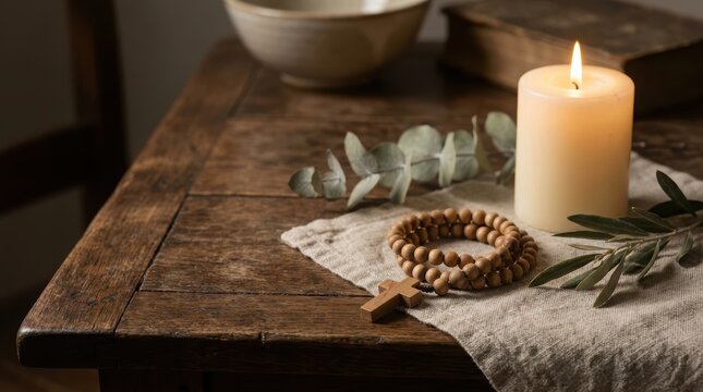 Wooden rosary beads with cross and burning candle on rustic table. Christian prayer and faith concept with eucalyptus branch. Religious still life for lent, easter and spiritual devotion.