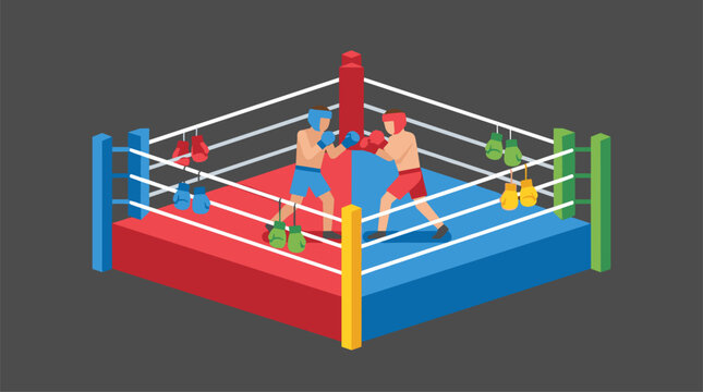 Two boxers in a stylized flat design ring, with hanging gloves, isometric view, graphic element