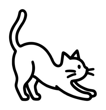 Hand-drawn minimalist black cat stretching illustration, simple line art vector icon of a cute feline doing morning stretch with arched back extended paws and upright tail