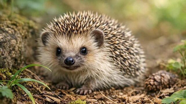 Close-up of a Cute Hedgehog on a Forest Floor