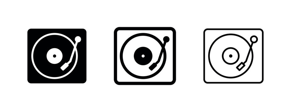 Classic vinyl record player or turntable icon set in solid and outline styles.