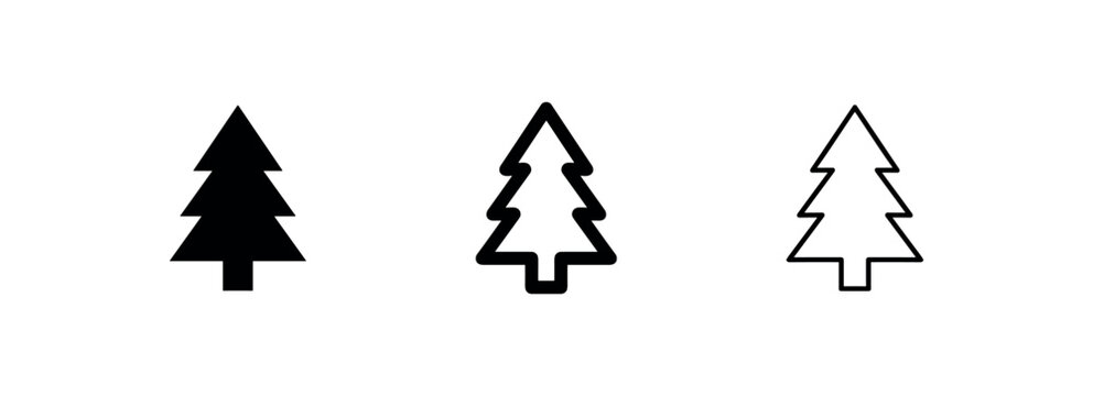 Simple pine tree or Christmas tree icon set in solid and outline styles.