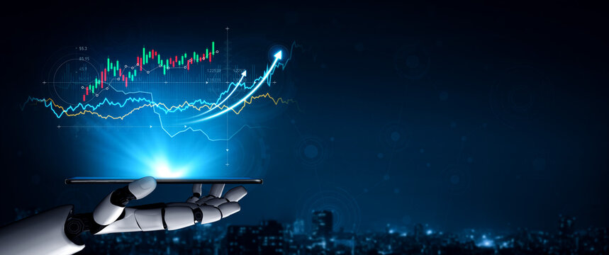A futuristic robotic hand holds a tablet showcasing rising financial graphs against a city skyline at night, symbolizing innovation and growth in technology. Scalp