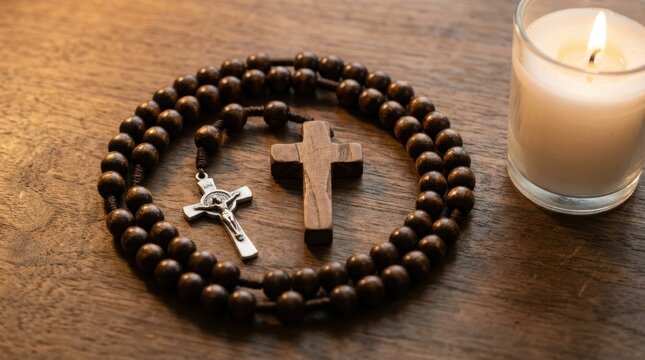 Wooden rosary beads with metal crucifix and wooden cross on rustic table beside burning candle. Christian prayer symbols and faith concept. Religion, spirituality and catholic tradition background