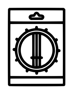 Hand-drawn vector illustration of a banjo strings package, simple line art icon showing a musical instrument accessory pack with circular string holder design, black and white sketch style graphic