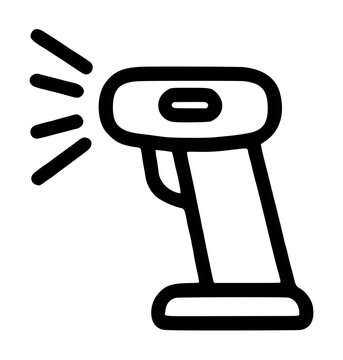 Handheld barcode scanner icon in minimal flat line art design, black and white vector illustration for retail, inventory, warehouse, logistics and point of sale technology applications and digital