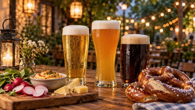 Helles, naturtr&uuml;bes und dunkles Bier mit cremigen Schaumkronen, Brezeln, K&auml;se und Radieschen &ndash; abwechslungsreiche Bierverkostung bei stimmungsvoller Brotzeit.