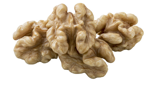 Isolated fresh shelled walnut halves, grouped and ready for healthy eating or culinary use