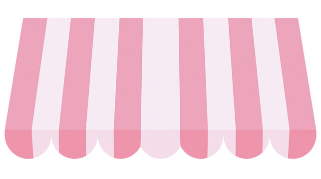Isolated cheerful pink and white striped shop awning with cute scalloped valance design, vintage style.