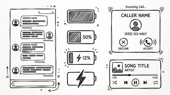 Smartphone Notification Screen Layout Line Art Doodle Collection Hand Drawn Blank Chat Message Bubble Ringing Incoming Call Popup Battery Icon Widget Design Isolated White Background Asset