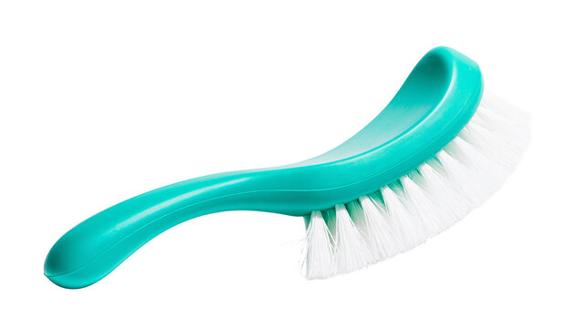 Isolated ergonomic teal household scrubbing brush with white bristles for general cleaning tasks