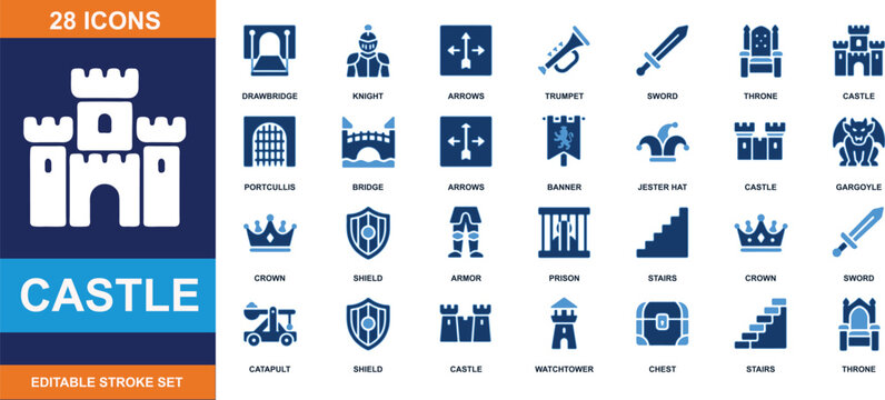 Castle Icons Set: A collection of graphic icons representing various elements of a castle, including battlements, gates, towers, banners, and weaponry.