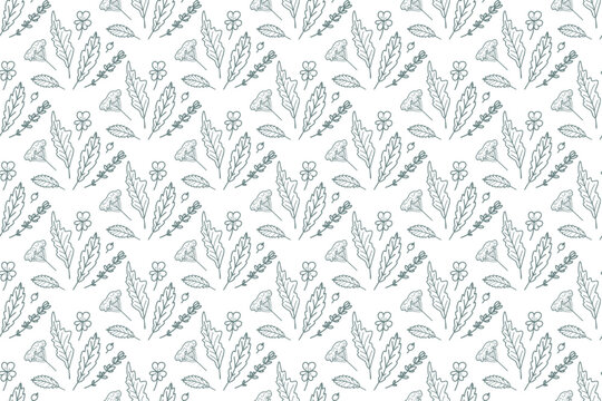 Hand-drawn seamless floral pattern with delicate flowers, leaves, berries and botanical branches in soft tones on a white background