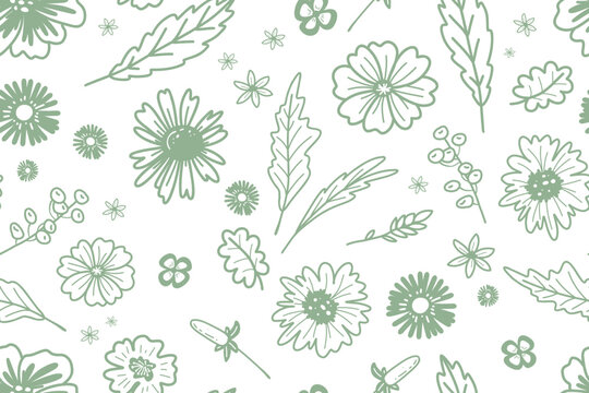 Hand-drawn seamless floral pattern with delicate flowers, leaves, berries and botanical branches in soft tones on a white background
