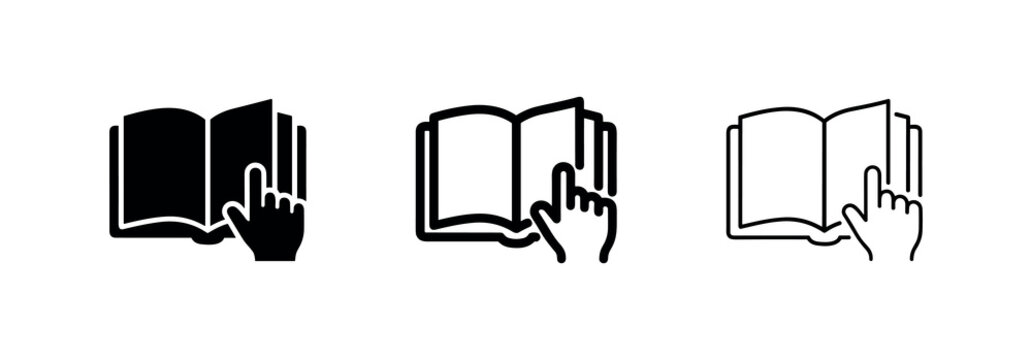 Hand turning page of book icon set, Reading and learning symbols, Interactive book icons for education.