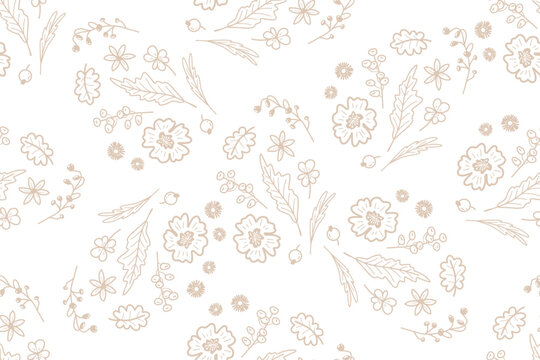 Hand-drawn seamless floral pattern with delicate flowers, leaves, berries and botanical branches in soft beige tones on a white background