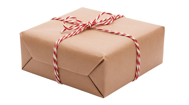 Isolated present wrapped in brown kraft paper with festive red and white baker's twine bow