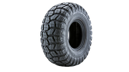 Isolated new rugged off-road tire with aggressive mud terrain tread pattern ready for adventure © Conor
