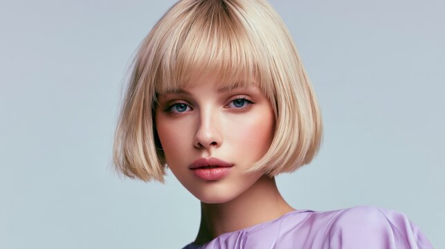 Portrait of a beautiful young woman with short white hair.