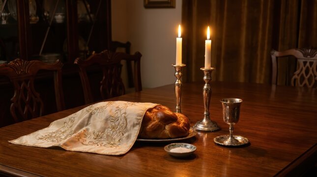 Shabbat table setting with challah bread under embroidered cloth, lit candles in silver candlesticks and kiddush cup. Jewish sabbath ritual and tradition. Home celebration of shabbat and holidays.