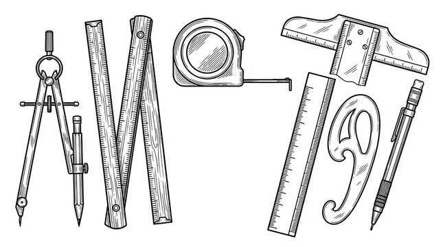 Sketch of architectural drafting and measurement tools.