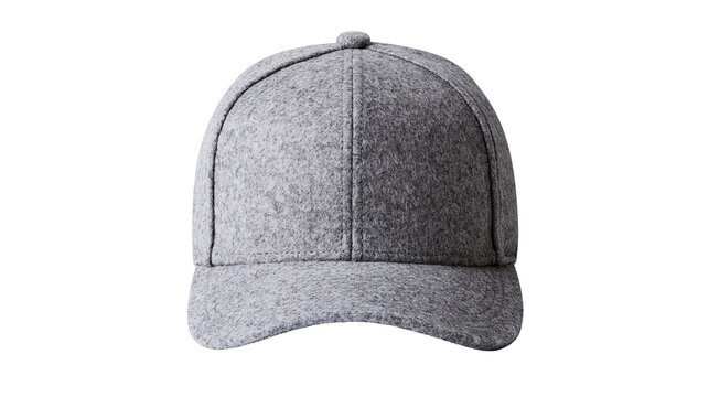Isolated modern grey felt baseball cap, front view, casual winter accessory with textured fabric design