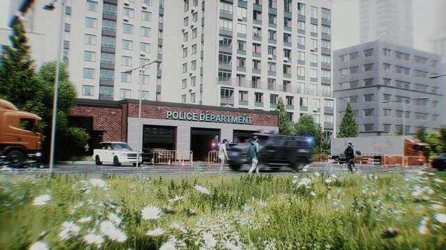 Police Car Emergency Response Exits Garage and Joins High-Speed Pursuit . Police Department.