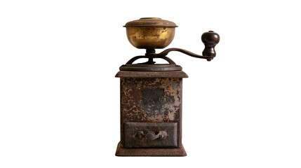 Isolated antique rusty coffee grinder with brass hopper and wooden handle, vintage manual mill © Conor