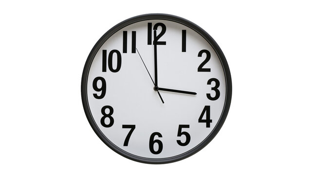 Isolated minimalist round wall clock with black numbers and hands, indicating three o'clock.