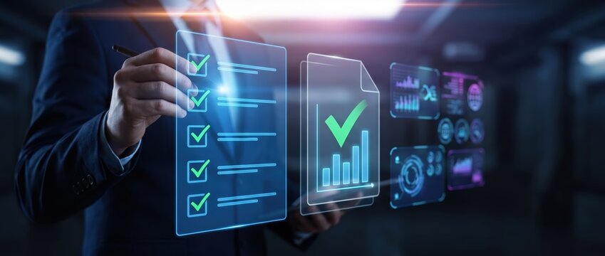 Businessman reviewing digital analytics and reports with technology interface in modern office environment for data driven decision making and strategy development