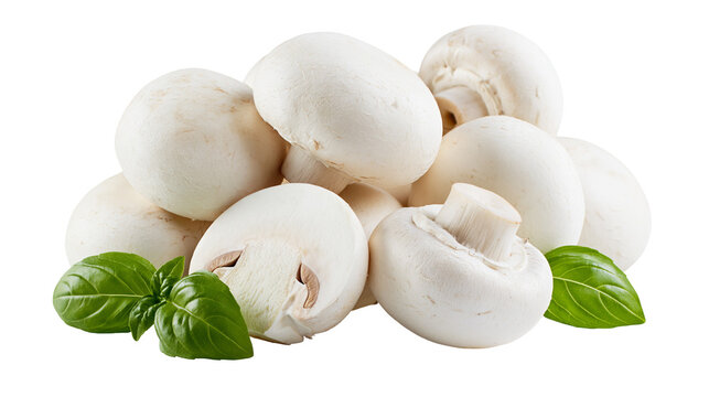 Isolated fresh organic button mushrooms and aromatic green basil leaves ready for culinary use