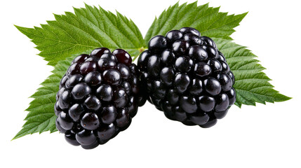 Isolated two fresh ripe blackberries with green leaves healthy summer organic fruit © Conor